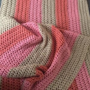 Striped Crochet Blanket in Pink and Tan